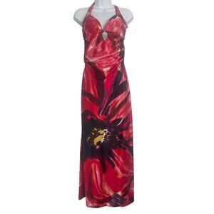 Red Floral Satin Halter Maxi Dress With Rhinestone Detail Size XS Y2K Prom Party